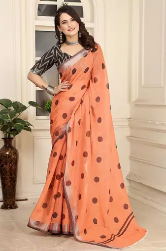 peach printed pure cotton peach saree with blouse