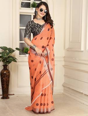 peach printed pure cotton peach saree with blouse 3