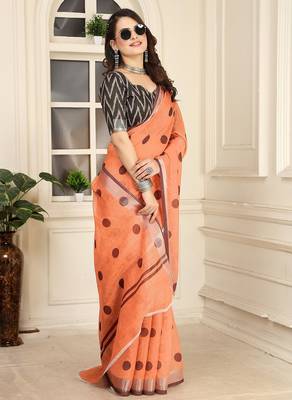 peach printed pure cotton peach saree with blouse 4
