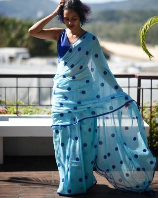 sky_blue printed pure cotton sky blue saree with blouse 1