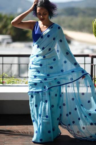 sky_blue printed pure cotton sky blue saree with blouse
