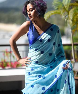 sky_blue printed pure cotton sky blue saree with blouse 2