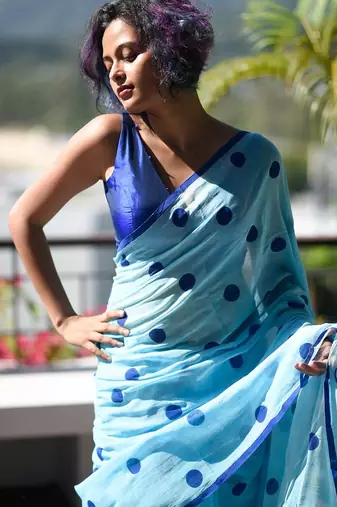 sky_blue printed pure cotton sky blue saree with blouse
