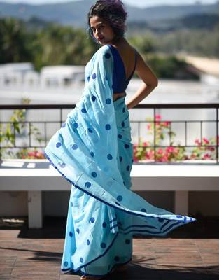sky_blue printed pure cotton sky blue saree with blouse 4