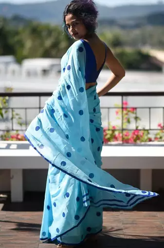 sky_blue printed pure cotton sky blue saree with blouse