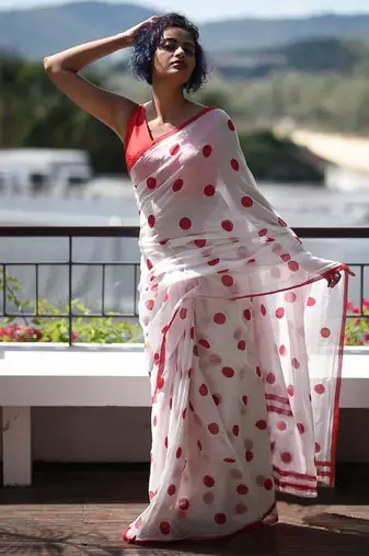 white printed pure cotton white saree with blouse