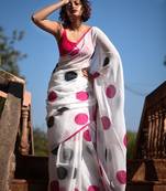 white printed pure cotton white saree with blouse