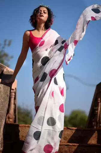 white printed pure cotton white saree with blouse