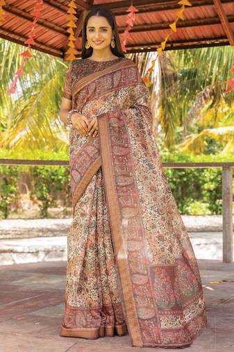 brown printed pure cotton brown saree with blouse