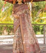 brown printed pure cotton brown saree with blouse