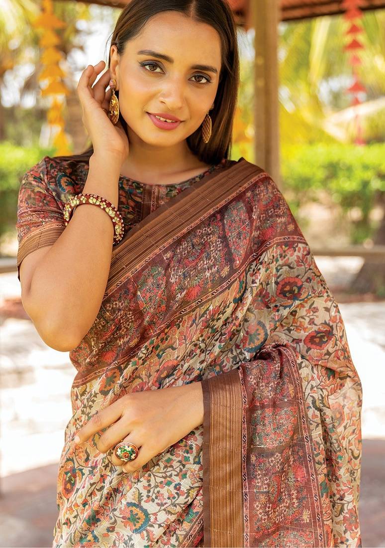 brown printed pure cotton brown saree with blouse