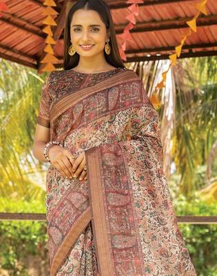 brown printed pure cotton brown saree with blouse 3