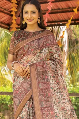 brown printed pure cotton brown saree with blouse