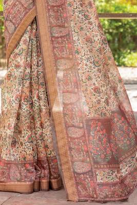brown printed pure cotton brown saree with blouse 4