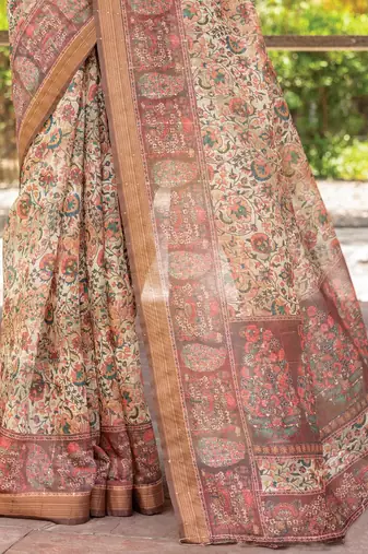 brown printed pure cotton brown saree with blouse