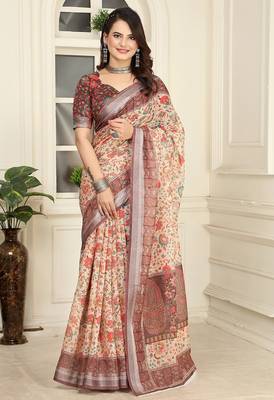 brown printed pure cotton brown saree with blouse 1
