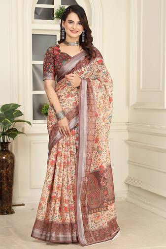 brown printed pure cotton brown saree with blouse