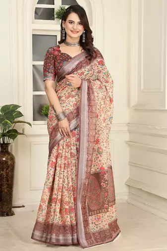 brown printed pure cotton brown saree with blouse