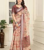 brown printed pure cotton brown saree with blouse