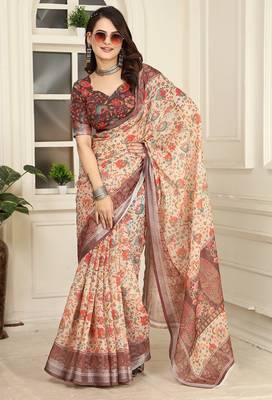 brown printed pure cotton brown saree with blouse 2