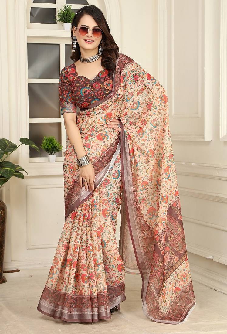 brown printed pure cotton brown saree with blouse