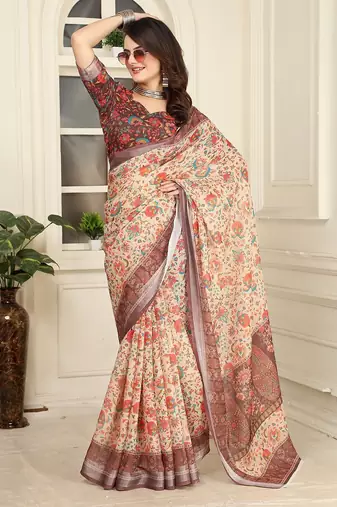 brown printed pure cotton brown saree with blouse