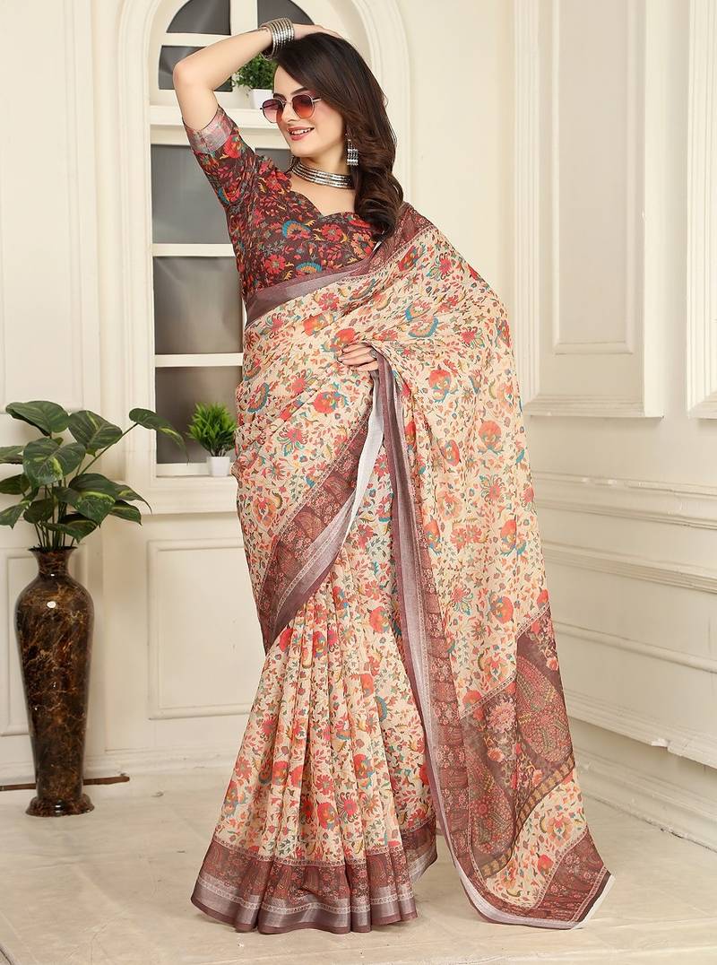 brown printed pure cotton brown saree with blouse