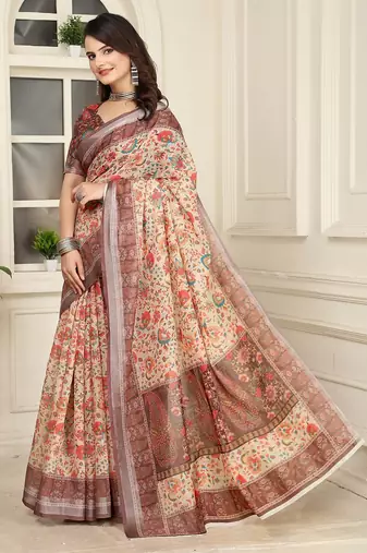 brown printed pure cotton brown saree with blouse