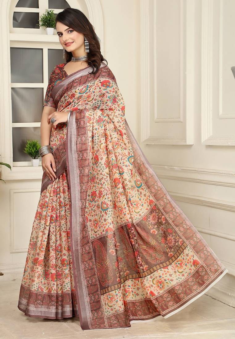 brown printed pure cotton brown saree with blouse