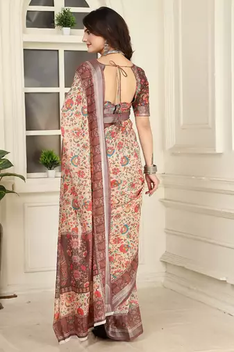 brown printed pure cotton brown saree with blouse