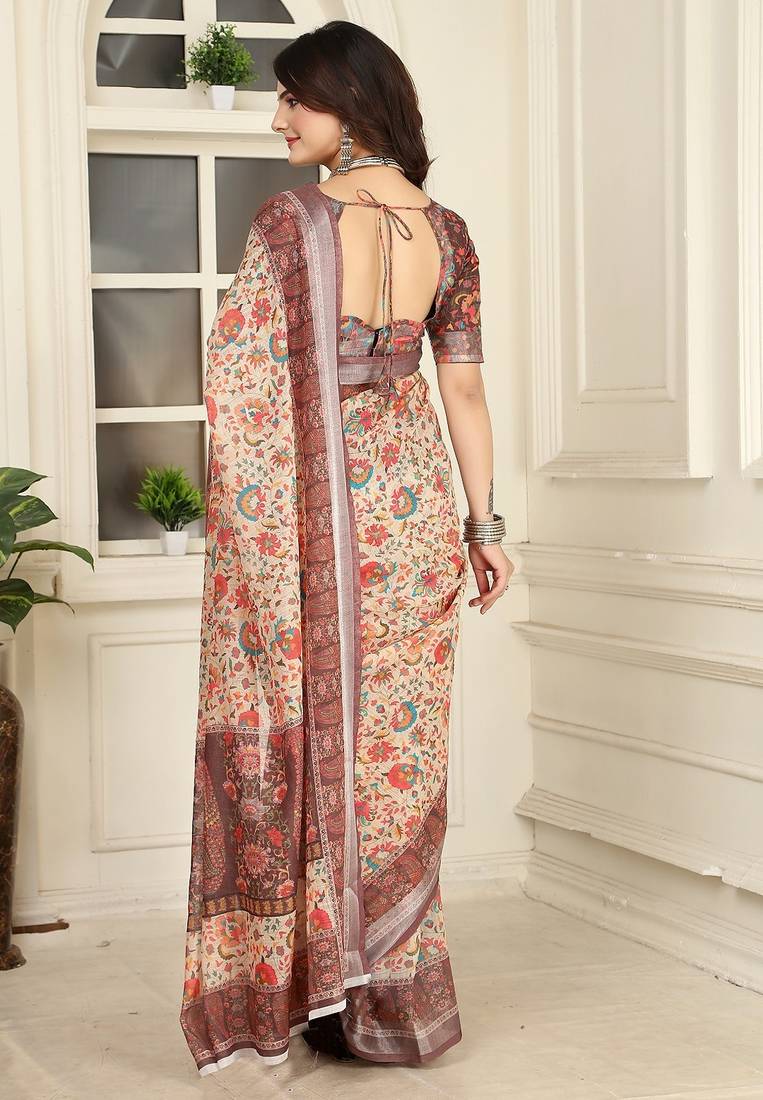brown printed pure cotton brown saree with blouse
