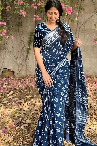 blue printed pure cotton blue saree with blouse