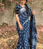 blue printed pure cotton blue saree with blouse