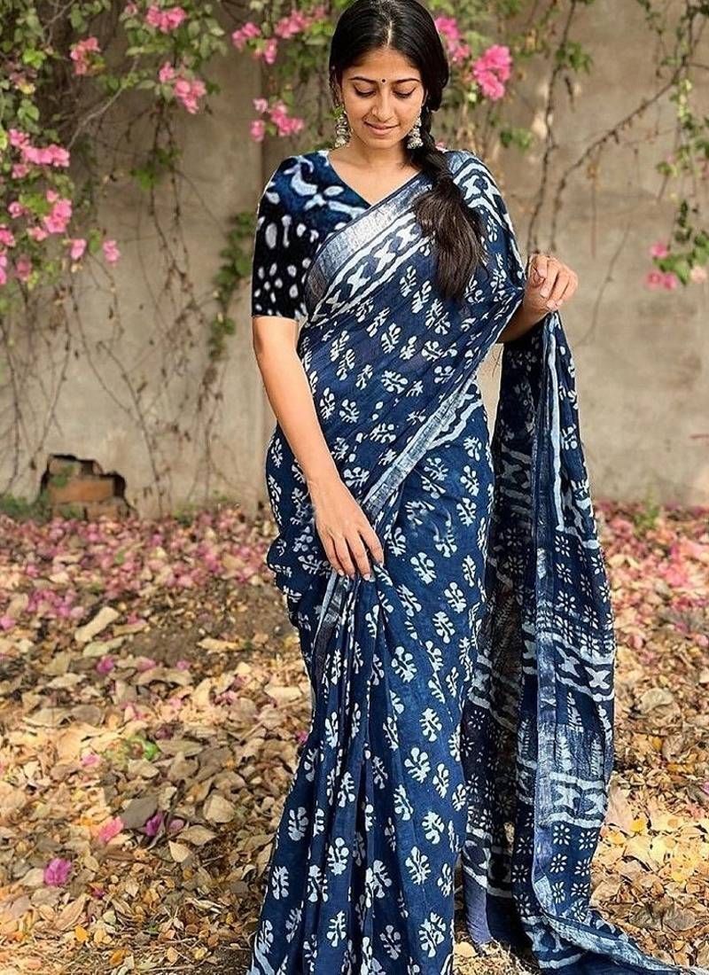 blue printed pure cotton blue saree with blouse