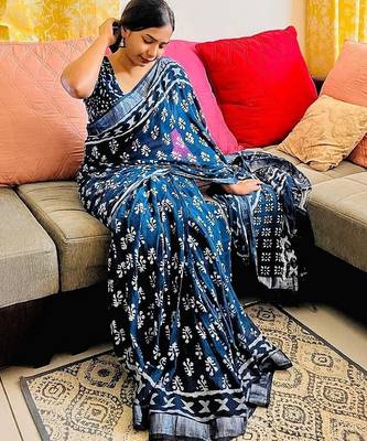 blue printed pure cotton blue saree with blouse 2