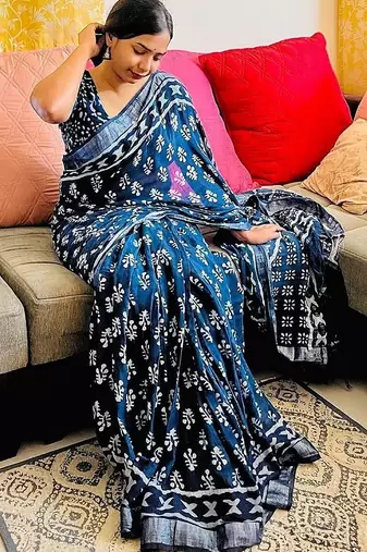 blue printed pure cotton blue saree with blouse