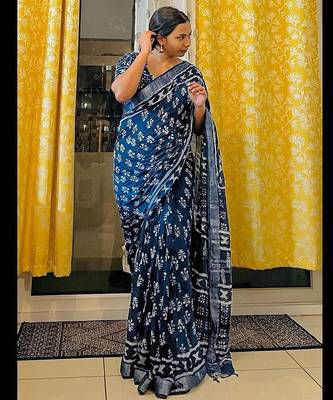blue printed pure cotton blue saree with blouse 3