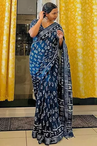 blue printed pure cotton blue saree with blouse