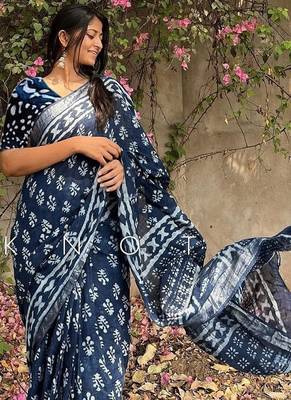 blue printed pure cotton blue saree with blouse 4