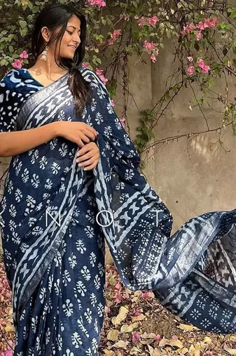 blue printed pure cotton blue saree with blouse