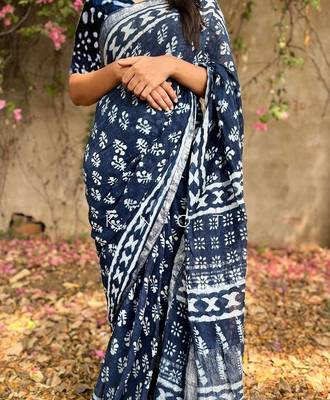blue printed pure cotton blue saree with blouse 5