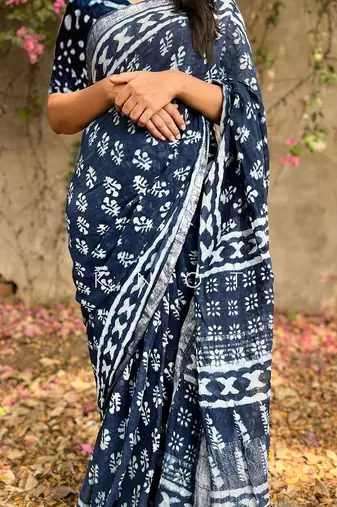 blue printed pure cotton blue saree with blouse