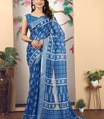 blue printed pure cotton blue saree with blouse