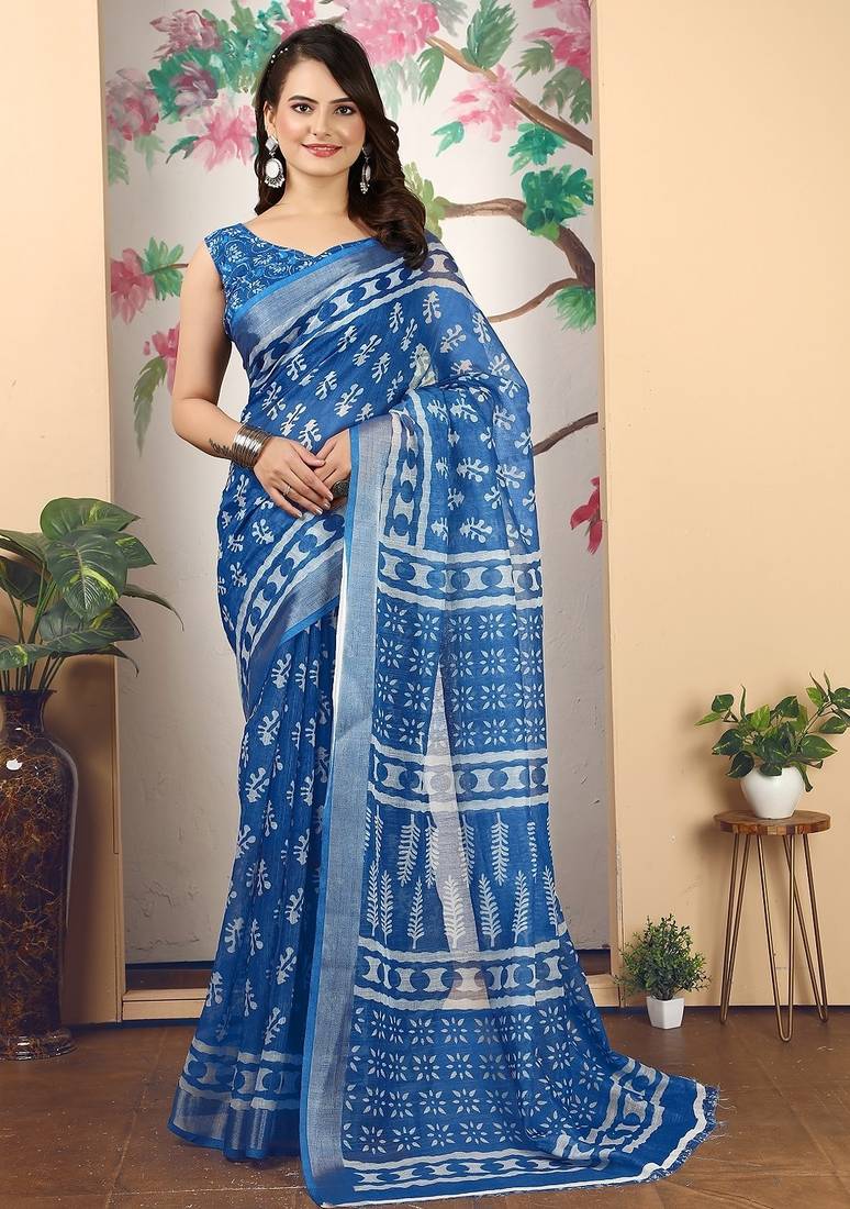 blue printed pure cotton blue saree with blouse