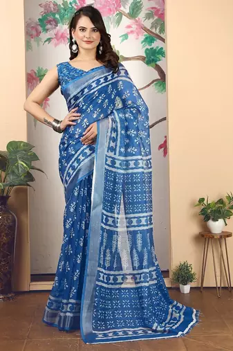 blue printed pure cotton blue saree with blouse