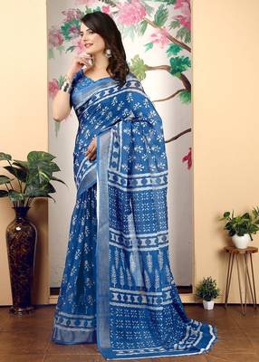 blue printed pure cotton blue saree with blouse 3