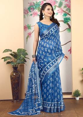 blue printed pure cotton blue saree with blouse 4