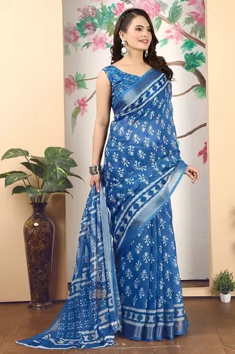 blue printed pure cotton blue saree with blouse