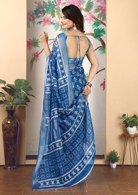 blue printed pure cotton blue saree with blouse 5
