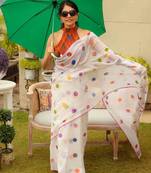 white printed pure cotton white saree with blouse